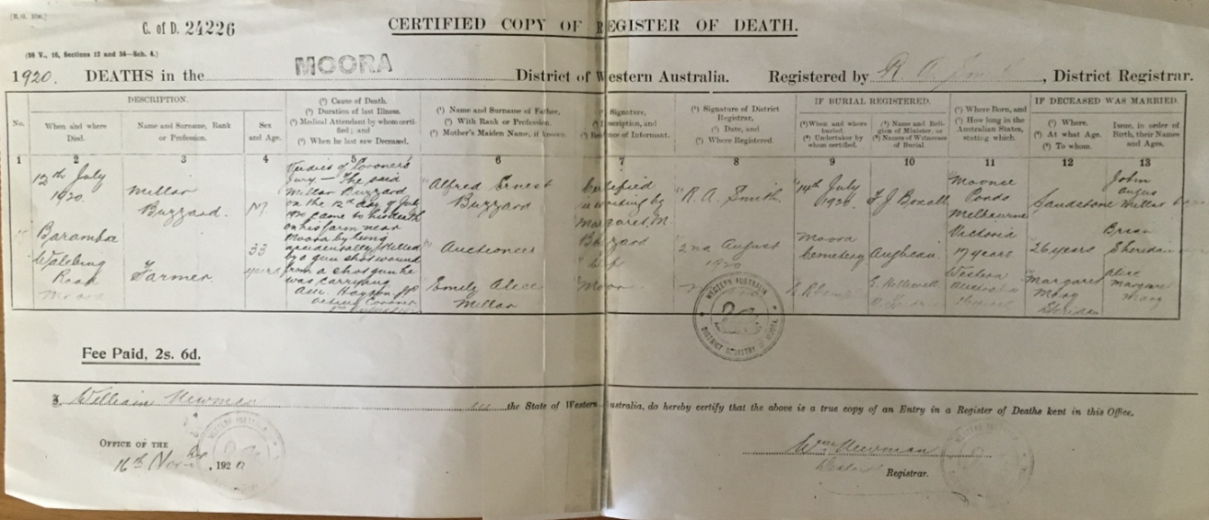Millar’s Certified Death Certificate